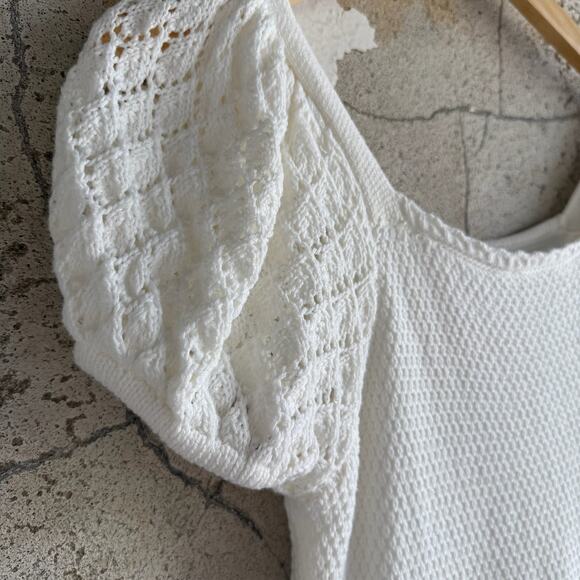 Puff Sleeve Dress White Crochet Knit Midi Cottagecore Romantic Boho Dress‎ Small - Picture 4 of 8